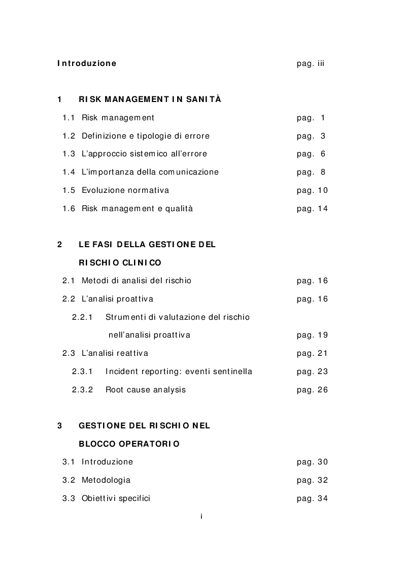 Indice della tesi: Risk management in sala operatoria attraverso l'utilizzo della checklist, Pagina 1