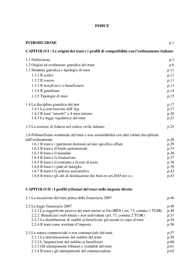 Indice della tesi: Il regime tributario del trust in Italia., Pagina 1