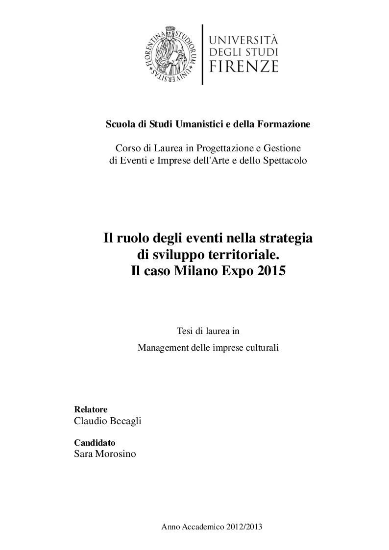 Anteprima della tesi: Il ruolo degli eventi nella strategia di sviluppo territoriale. Il caso Milano Expo 2015, Pagina 1