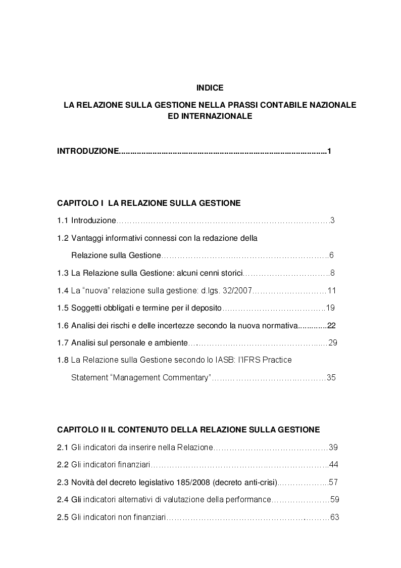 Indice della tesi: La relazione sulla Gestione nella prassi contabile nazionale ed internazionale, Pagina 1