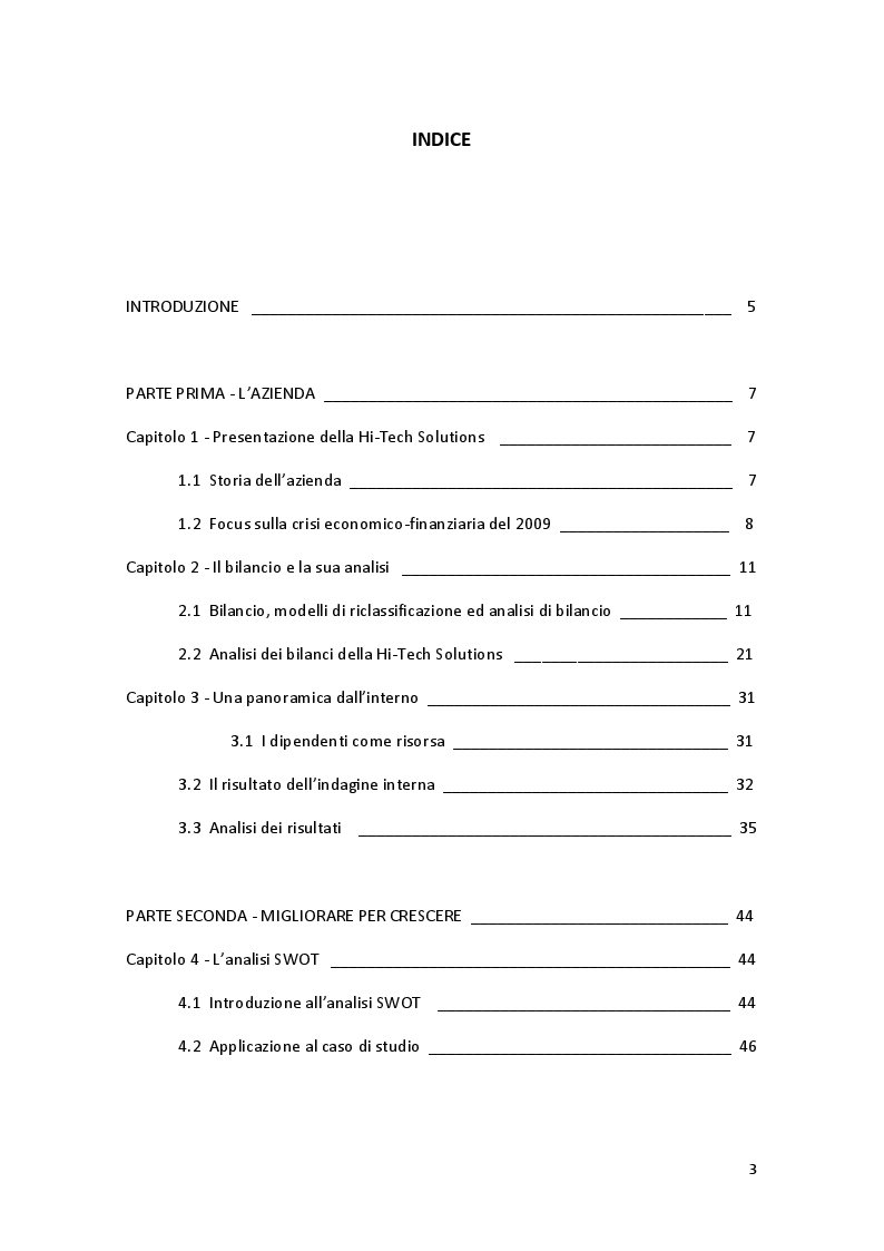 Indice della tesi: Analisi di una Piccola Impresa e valutazione di nuove strategie per la crescita - Caso di studio ''Hi-Tech Solutions'', Pagina 1