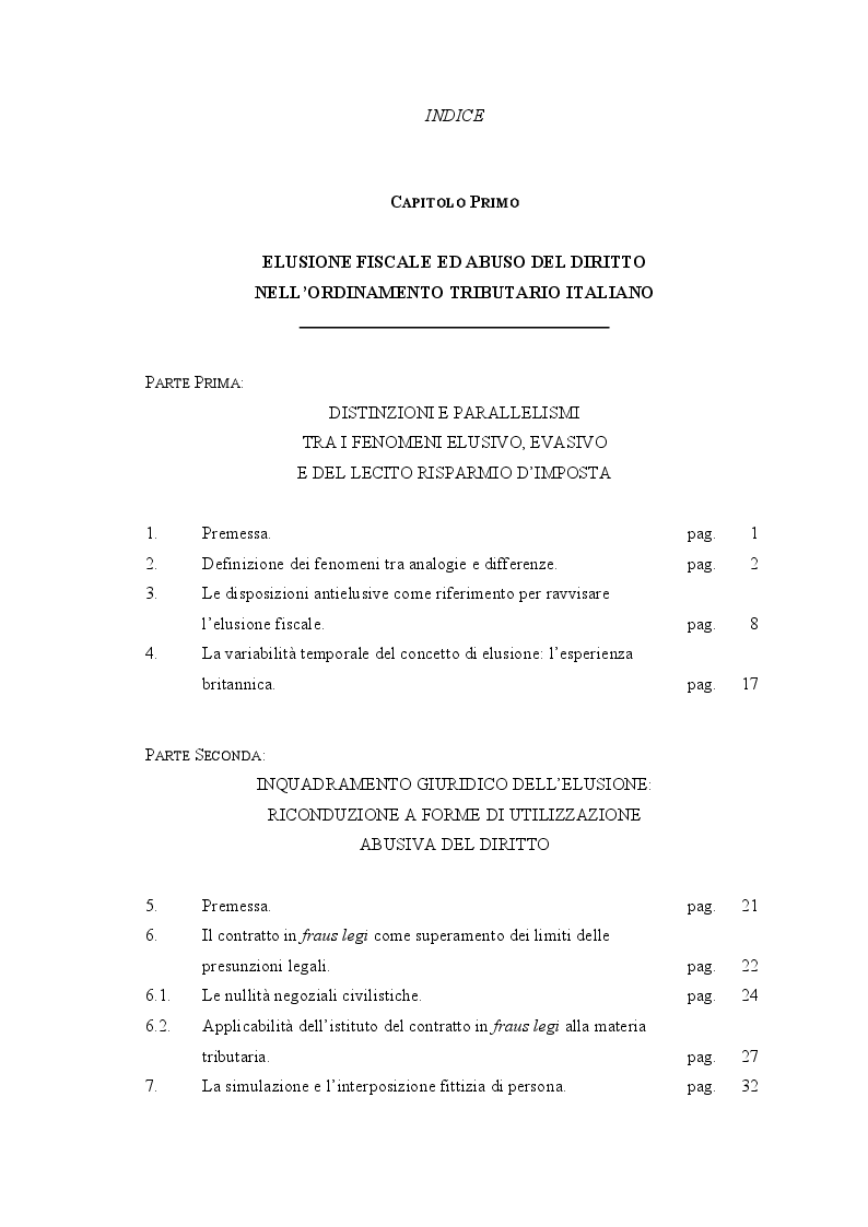 Indice della tesi: Profili transnazionali dell'elusione fiscale, Pagina 1