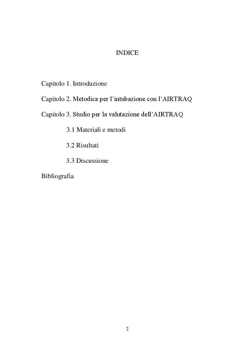 Indice della tesi: L'Airtraq, nuovo strumento per l'intubazione oro-tracheale, Pagina 1