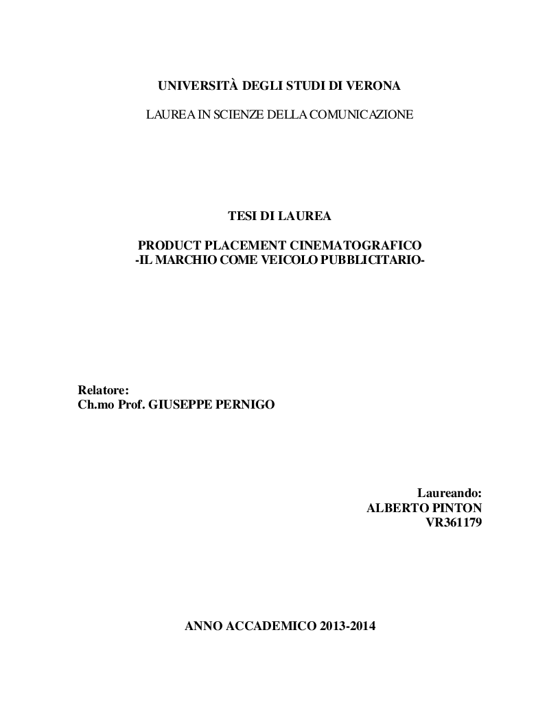 Anteprima della tesi: Product Placement cinematografico - Il marchio come veicolo pubblicitario, Pagina 1