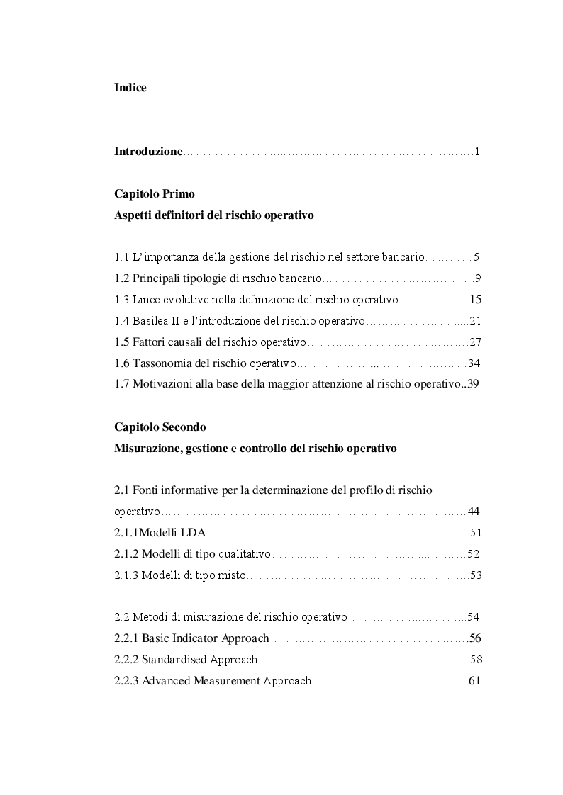 Indice della tesi: Il rischio operativo nell'intermediazione bancaria, Pagina 1