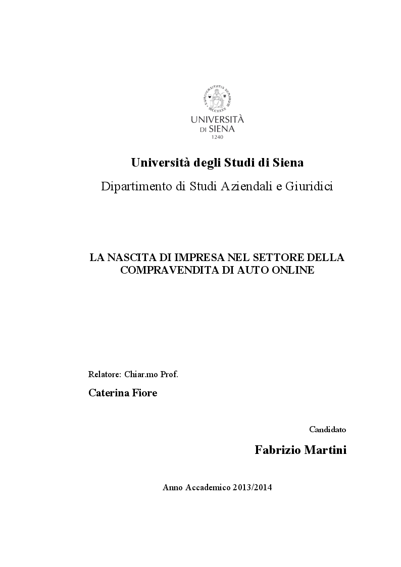 Anteprima della tesi: La nascita di impresa nel settore della compravendita di auto online, Pagina 1