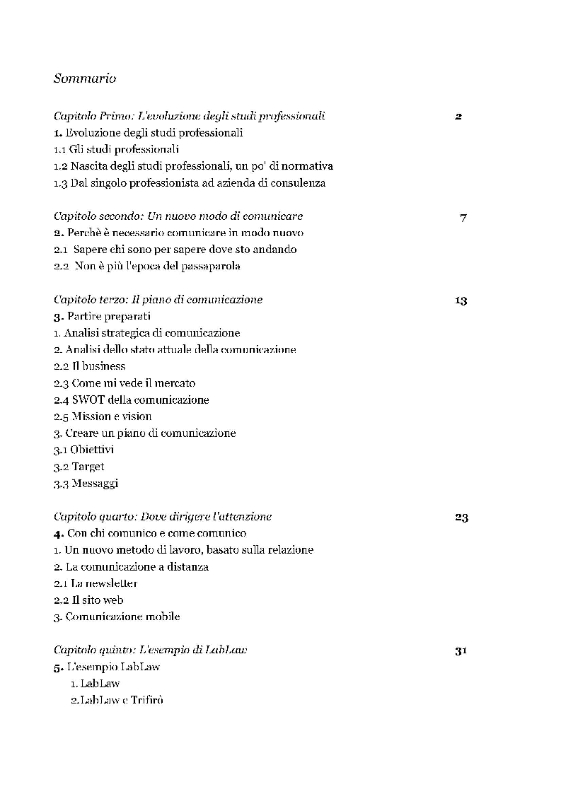 Indice della tesi: Nuove strategie di comunicazione per gli studi professionali, Pagina 1