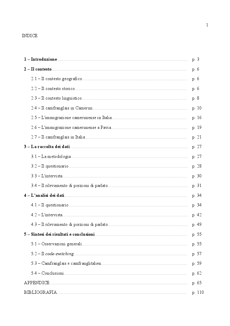 Indice della tesi: Italiano e camfranglais a contatto: aspetti sociolinguistici dell'immigrazione camerunense a Pavia, Pagina 1