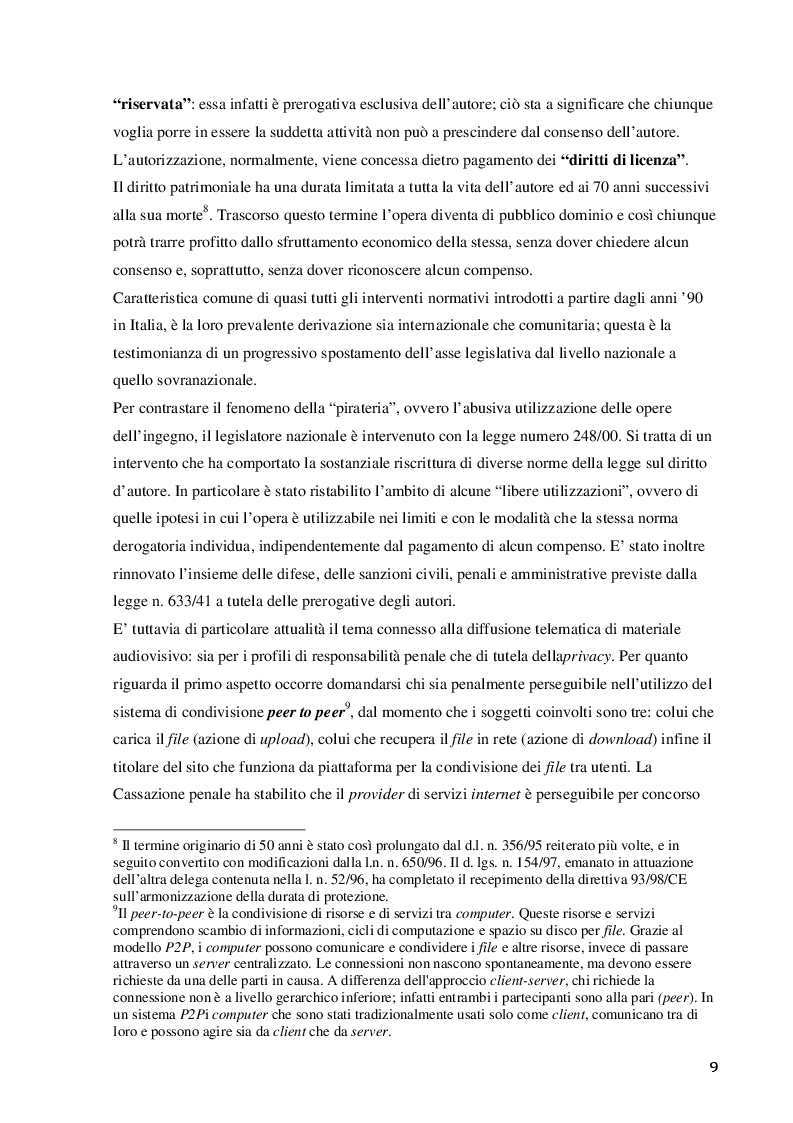 Estratto dalla tesi: Profili di tutela del diritto d'autore in rete, con particolare riferimento a condivisione e streaming