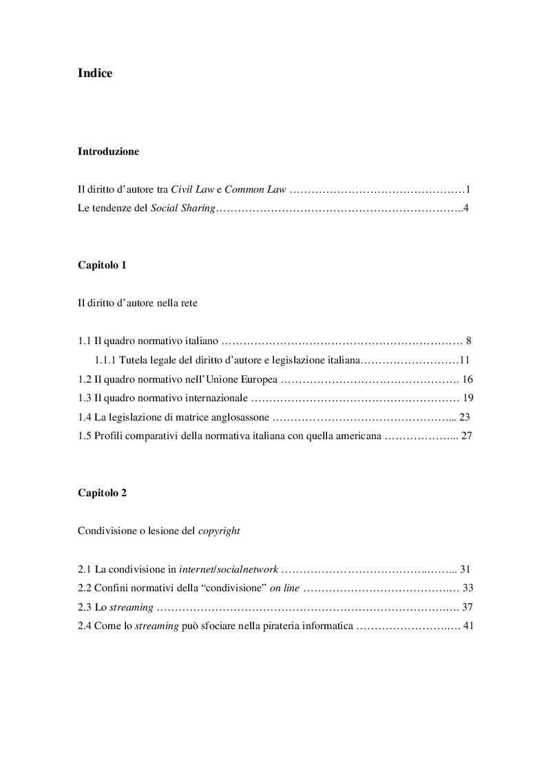 Indice della tesi: Profili di tutela del diritto d'autore in rete, con particolare riferimento a condivisione e streaming, Pagina 1