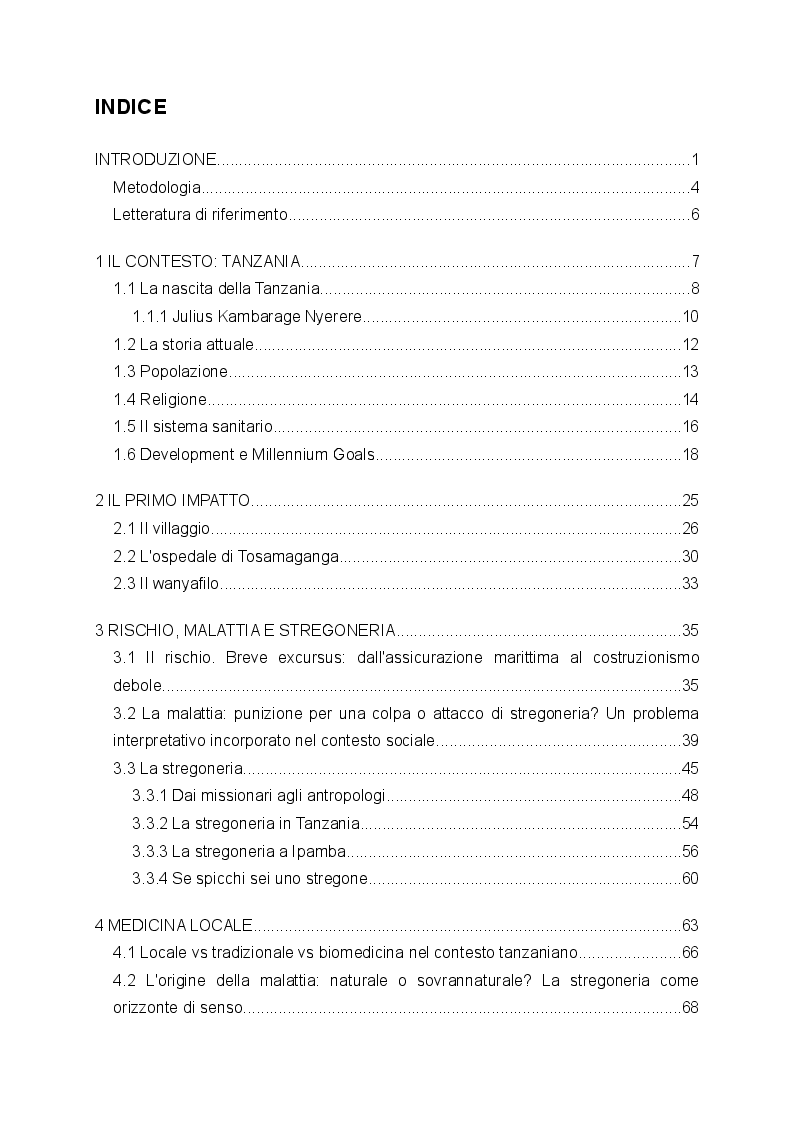 Indice della tesi: Gravidanza e parto nell'ospedale di Tosamaganga (Tanzania). Mapenzi ya Mungu (sia fatta la Sua volontà), Pagina 1