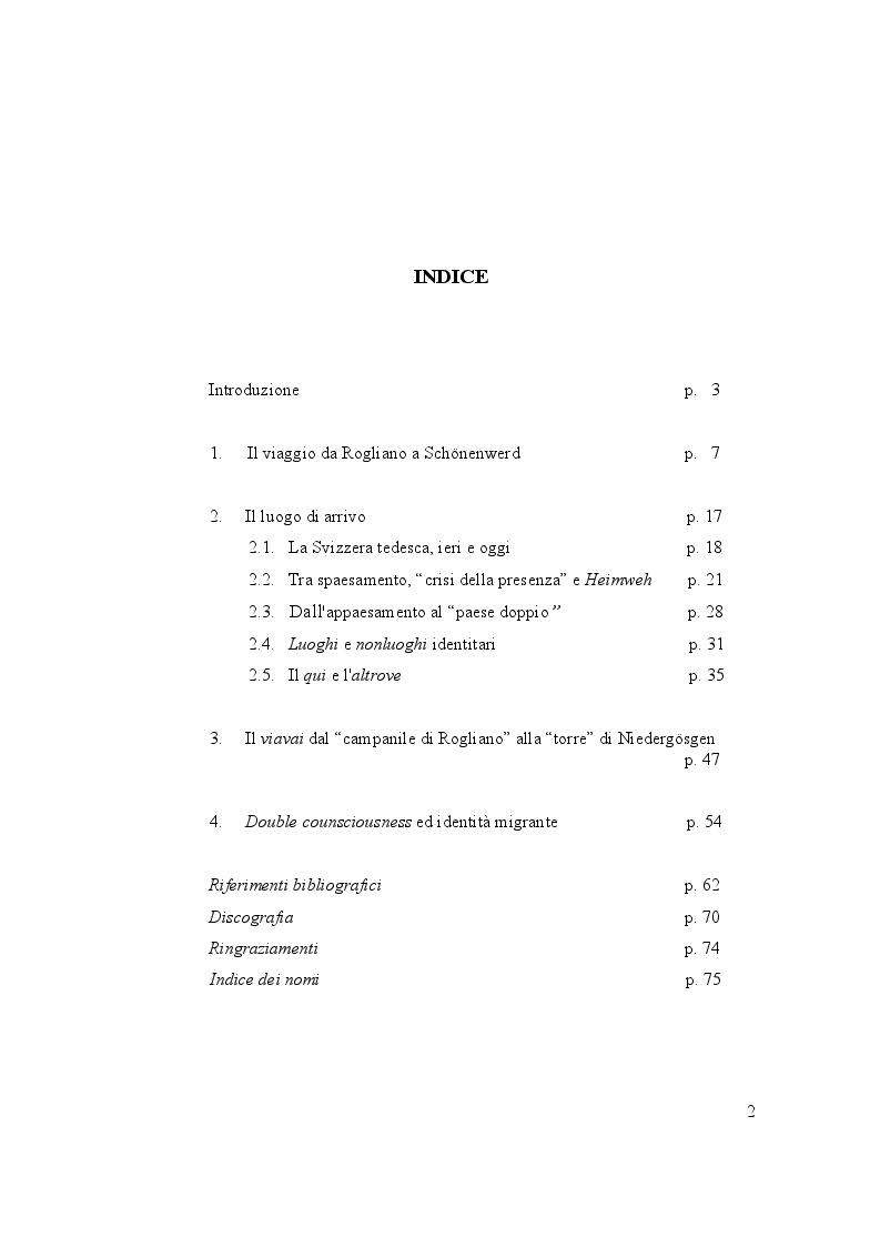 Indice della tesi: Emigrazione italiana in Svizzera: la “crisi della presenza” fra Heimweh e double consciousness, Pagina 1