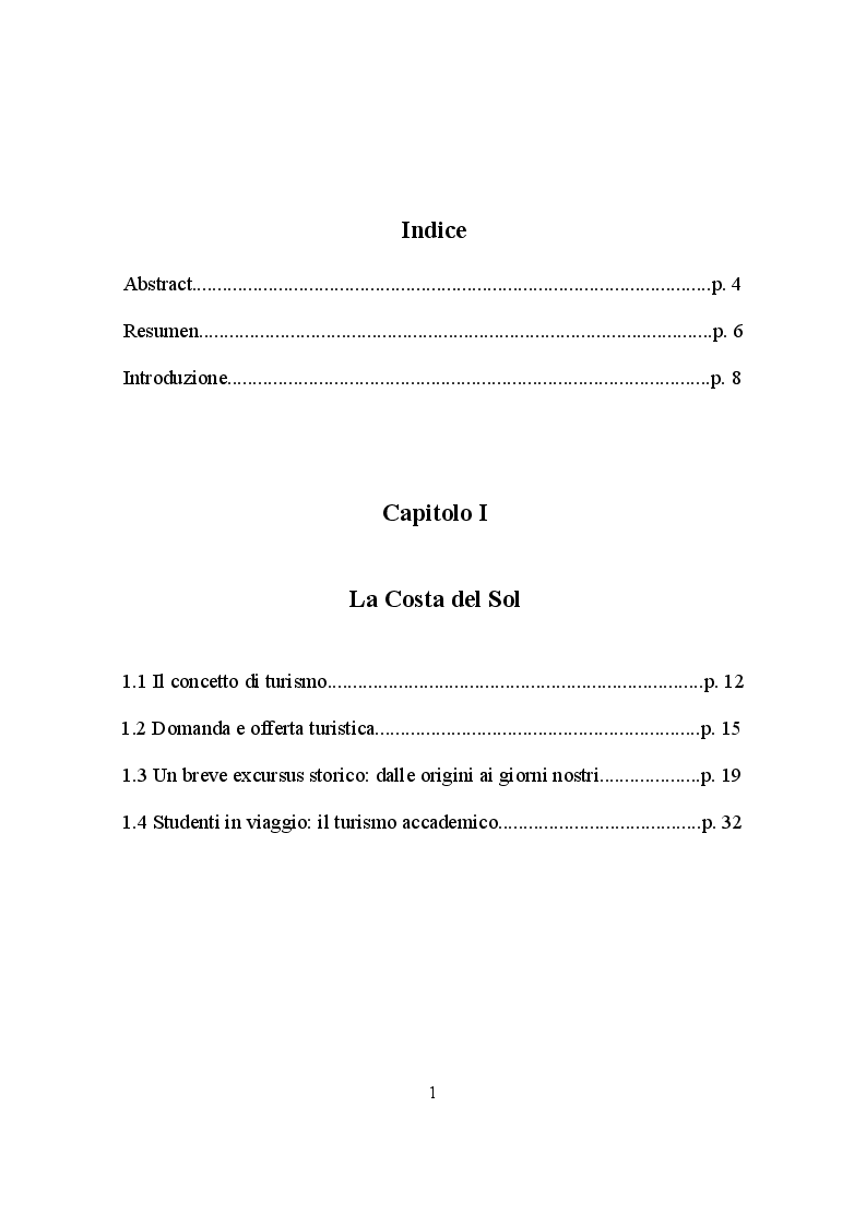Indice della tesi: IL TURISMO NELLA COSTA DEL SOL: punti di forza e aspetti critici, Pagina 1