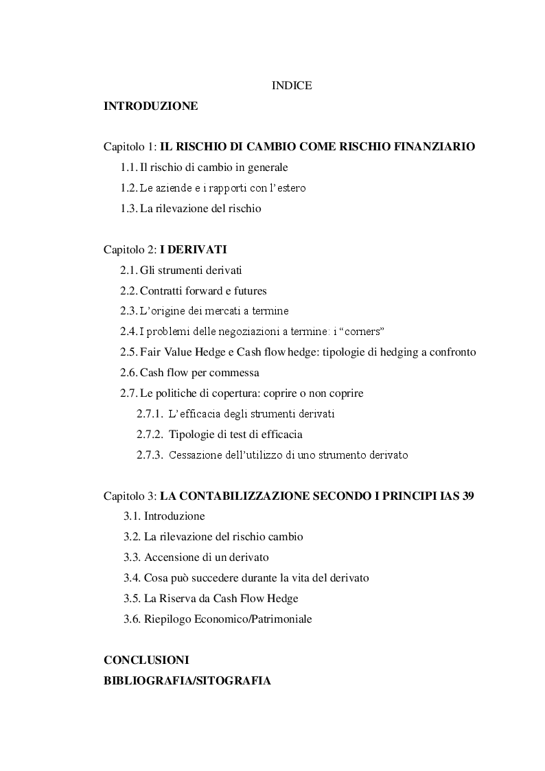 Indice della tesi: La gestione del rischio di cambio, Pagina 1