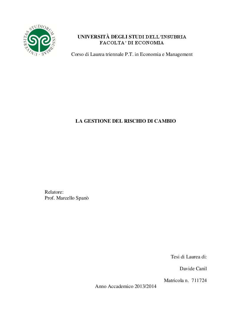 Anteprima della tesi: La gestione del rischio di cambio, Pagina 1