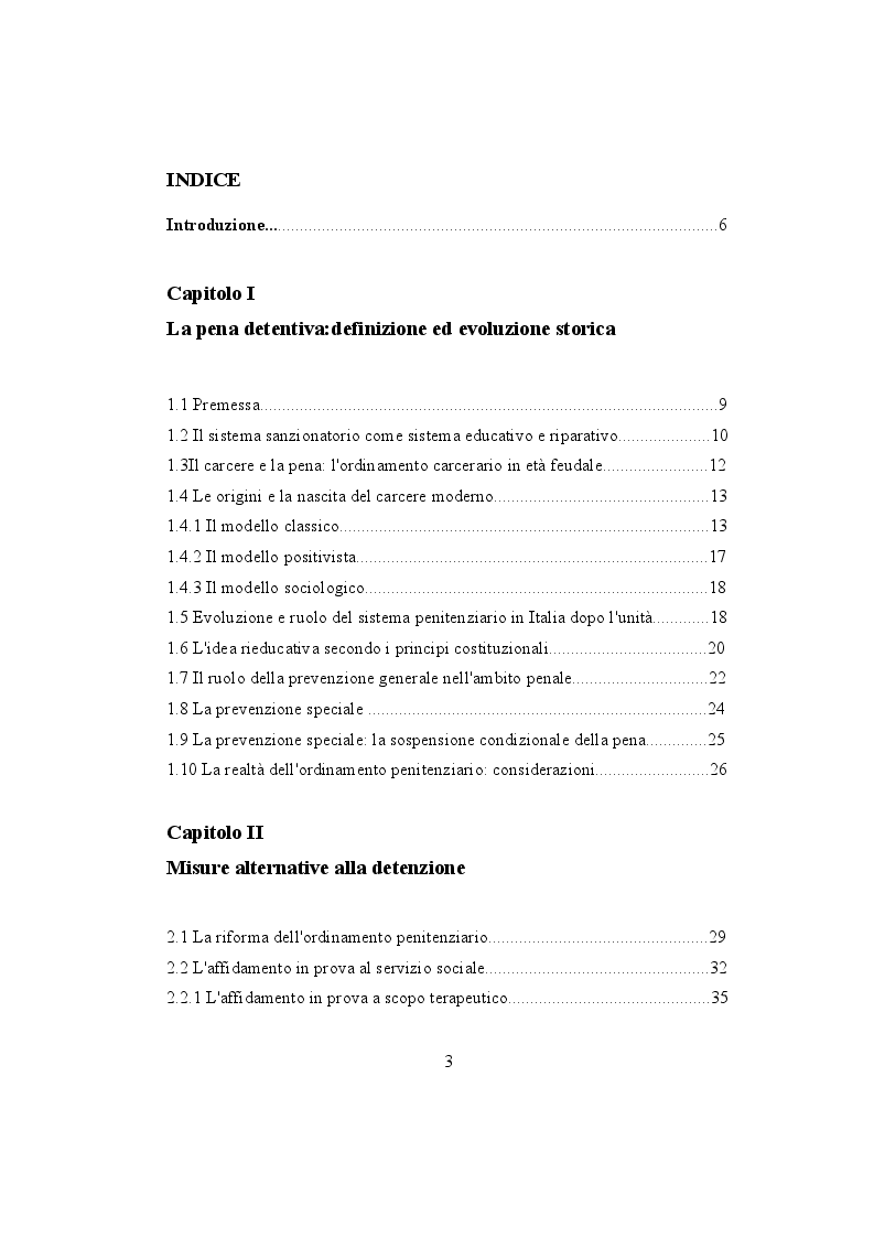 Indice della tesi: L'evoluzione del sistema penale nella prospettiva del reinserimento sociale del detenuto., Pagina 1