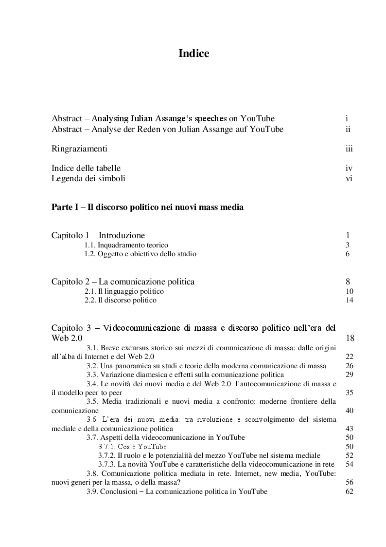 Indice della tesi: Il discorso politico nei nuovi media. Julian Assange su WikiLeaks in YouTube., Pagina 1