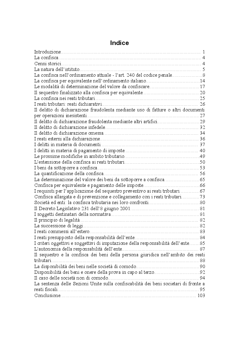 Indice della tesi: La confisca nei reati tributari, Pagina 1