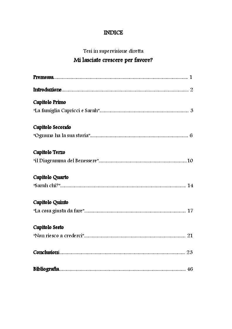 Indice della tesi: Mi lasciate crescere per favore? L'uccellino che non poteva volare., Pagina 1