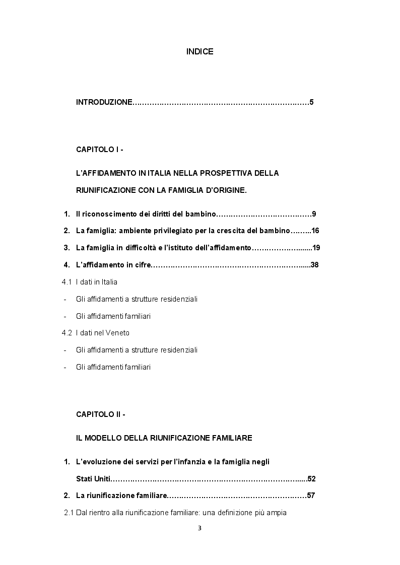 Indice della tesi: Mantenere i legami. La riunificazione familiare del bambino allontanato, Pagina 1
