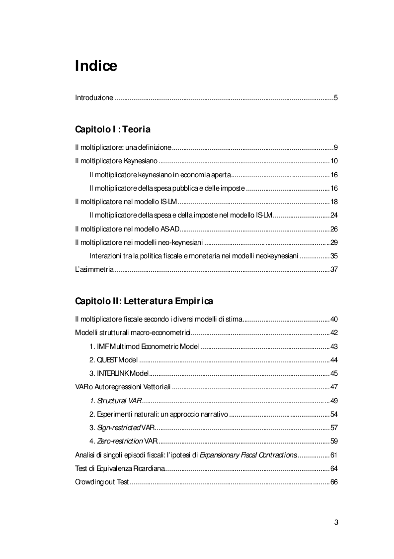 Indice della tesi: Il moltiplicatore della Politica Fiscale: profili teorici ed evidenza empirica, Pagina 1