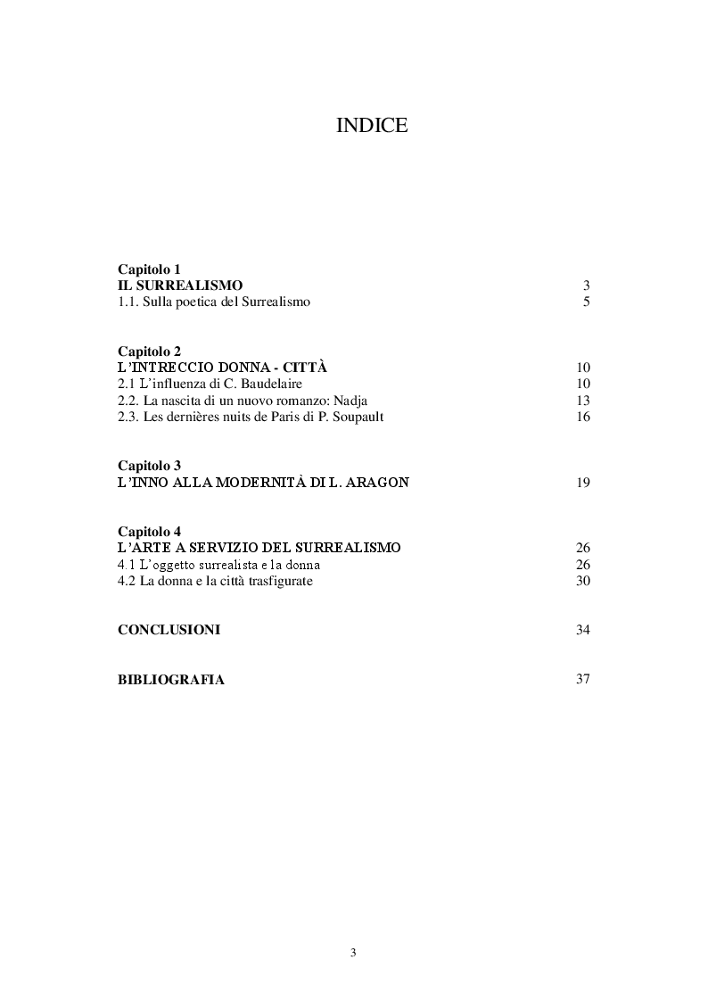 Indice della tesi: Il concetto della donna e della città nell'arte e nella letteratura surrealista, Pagina 1