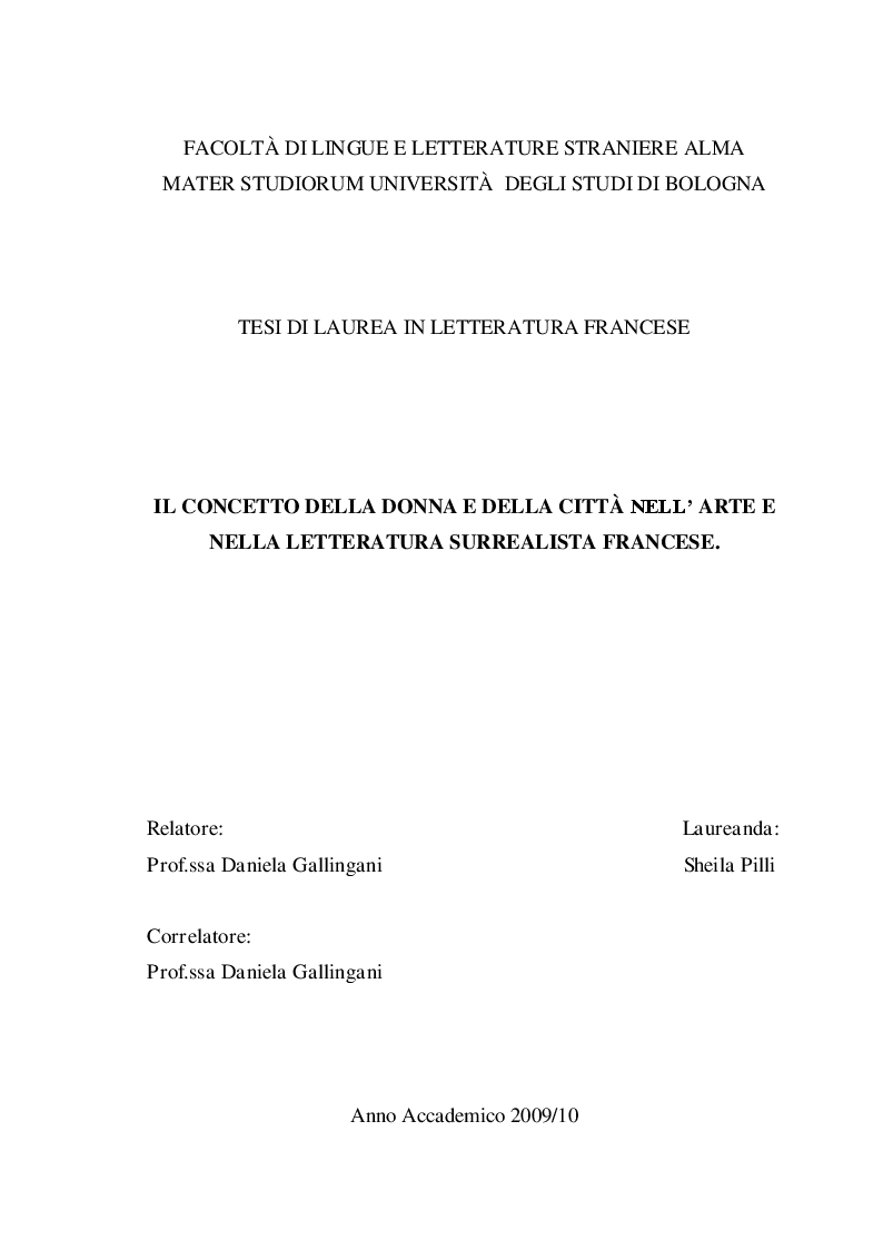 Anteprima della tesi: Il concetto della donna e della città nell'arte e nella letteratura surrealista, Pagina 1