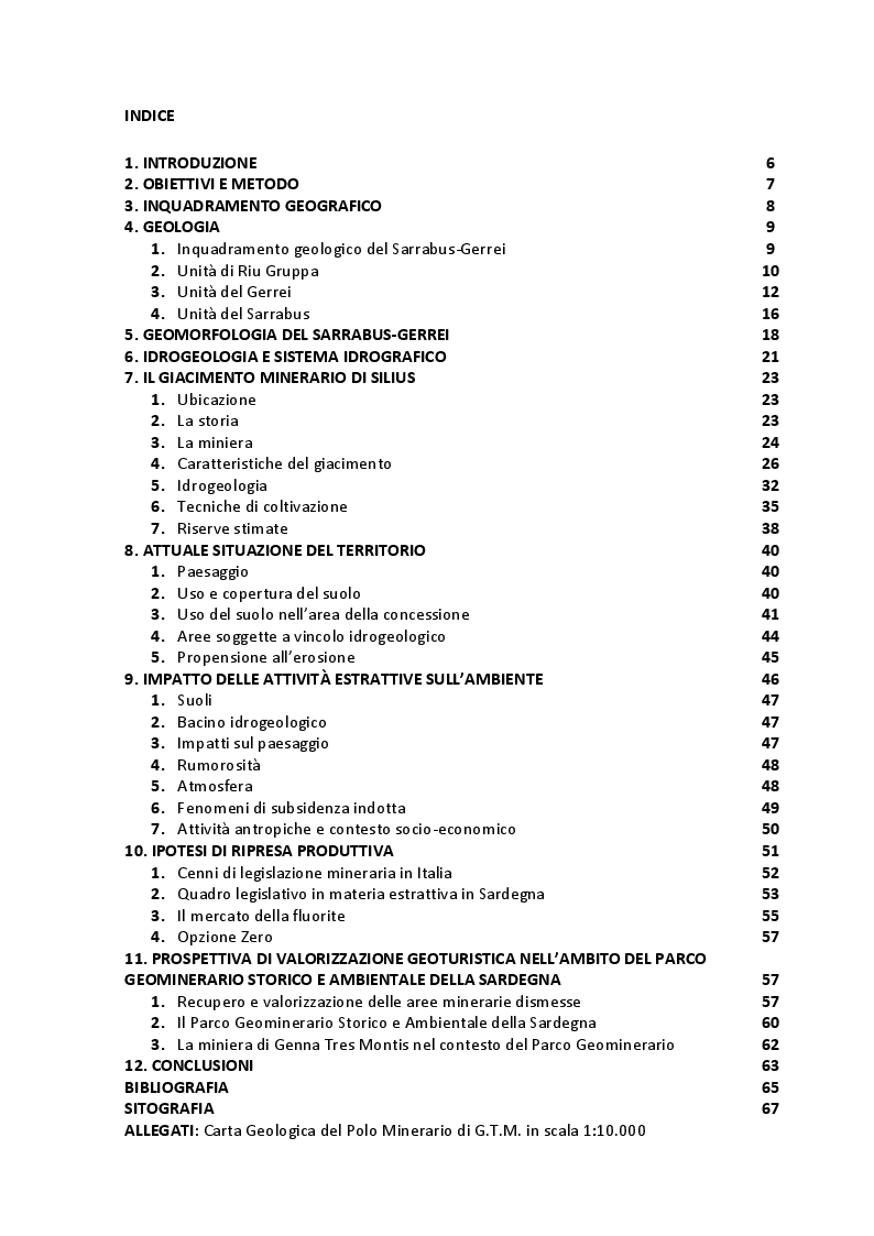Indice della tesi: Caratteristiche giacimentologiche e geologico-ambientali della miniera di Genna Tres Montis (Silius) - prospettive di rilancio economico e geoturistico, Pagina 1
