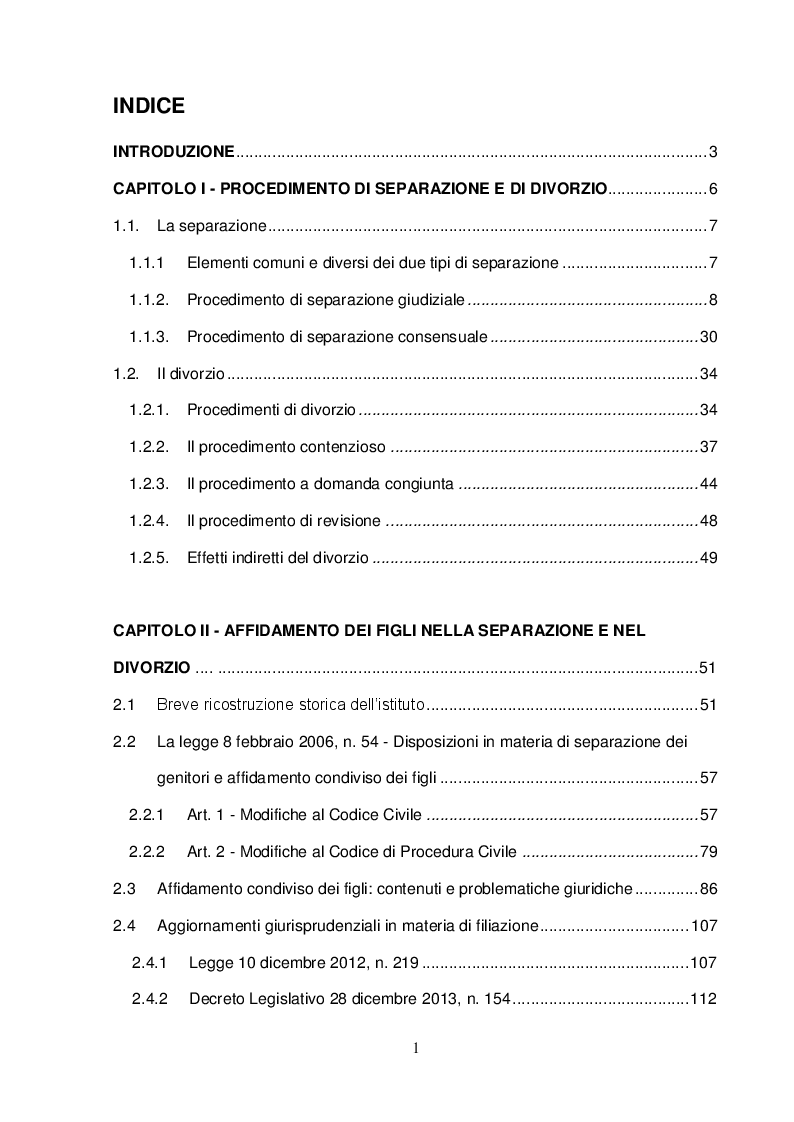 Indice della tesi: Affidamento e mantenimento dei figli nella separazione e nel divorzio, Pagina 1