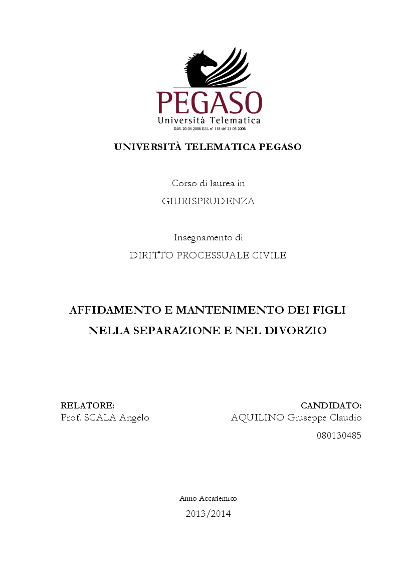 Anteprima della tesi: Affidamento e mantenimento dei figli nella separazione e nel divorzio, Pagina 1