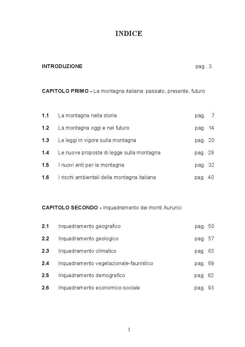 Indice della tesi: La montagna in pericolo: il caso di studio dei monti Aurunci, Pagina 1