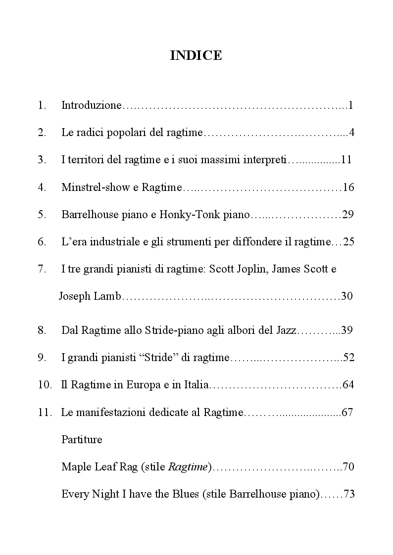 Indice della tesi: Dal Ragtime agli albori del Jazz, Pagina 1