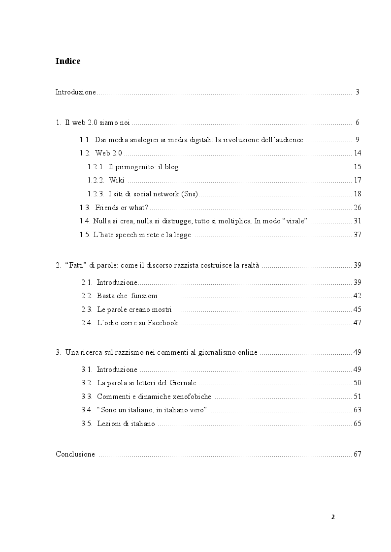 Indice della tesi: L’odio ai tempi della Rete. Il caso Kyenge tra hate speech e razzismo diretto, Pagina 1