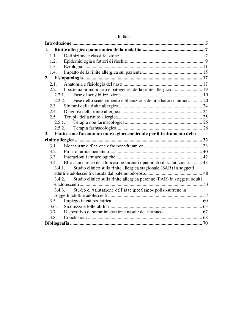 Indice della tesi: Rinite allergica: Efficacia e tollerabilità della terapia con corticosteroidi intranasali., Pagina 1