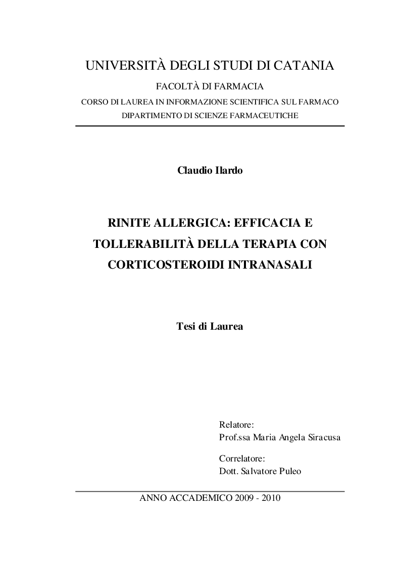 Anteprima della tesi: Rinite allergica: Efficacia e tollerabilità della terapia con corticosteroidi intranasali., Pagina 1