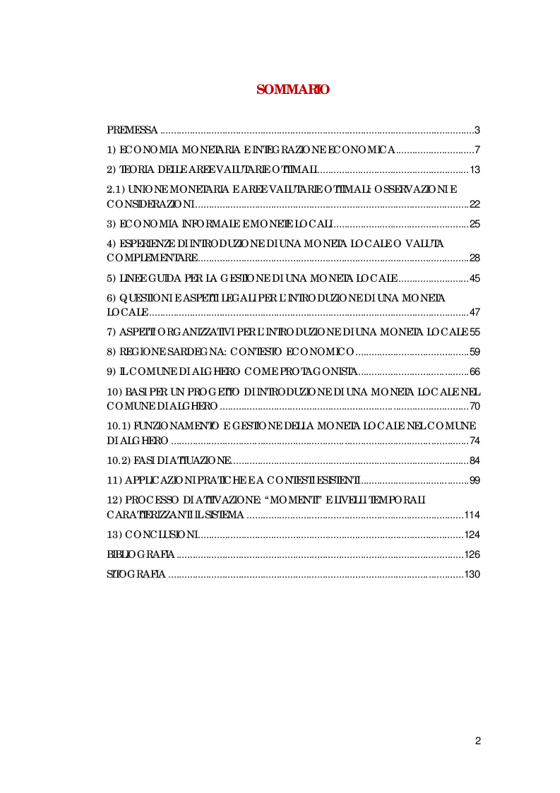 Indice della tesi: Una moneta complementare per lo sviluppo locale, Pagina 1