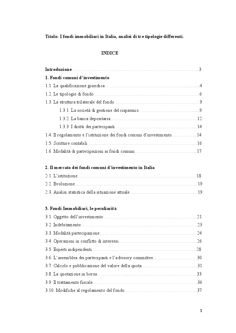 Indice della tesi: I fondi immobiliari in Italia. Analisi dei fondi ''Beta'', ''Primo'' e ''Socrate'', Pagina 1