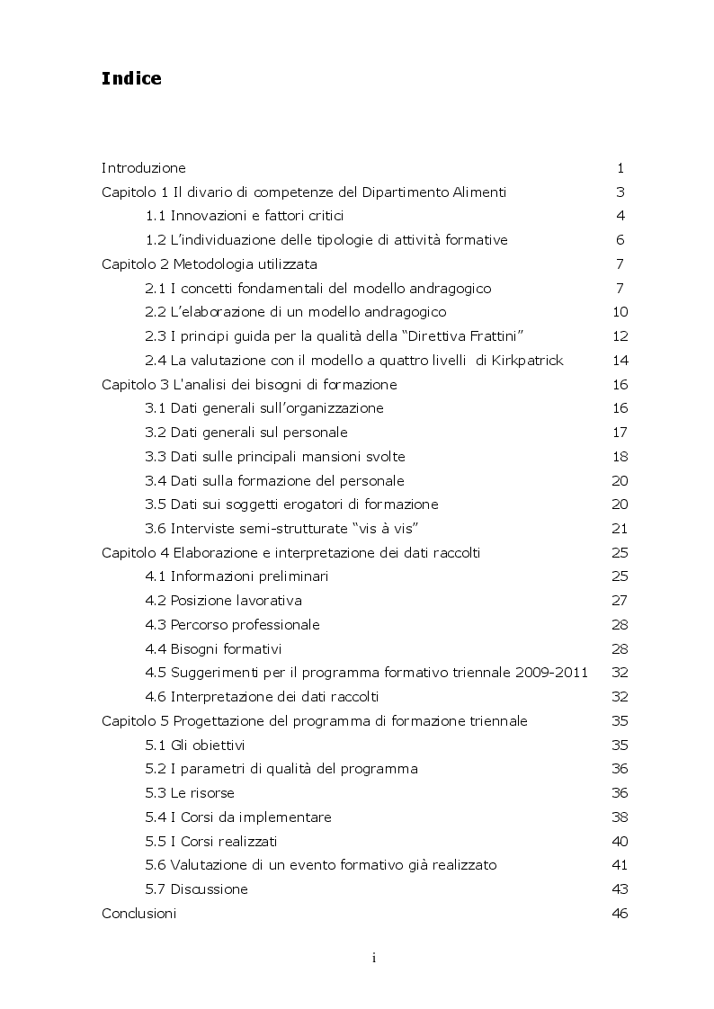 Indice della tesi: I Bisogni Formativi del Personale del Dipartimento Alimenti dell’Istituto Zooprofilattico della Sicilia, Pagina 1