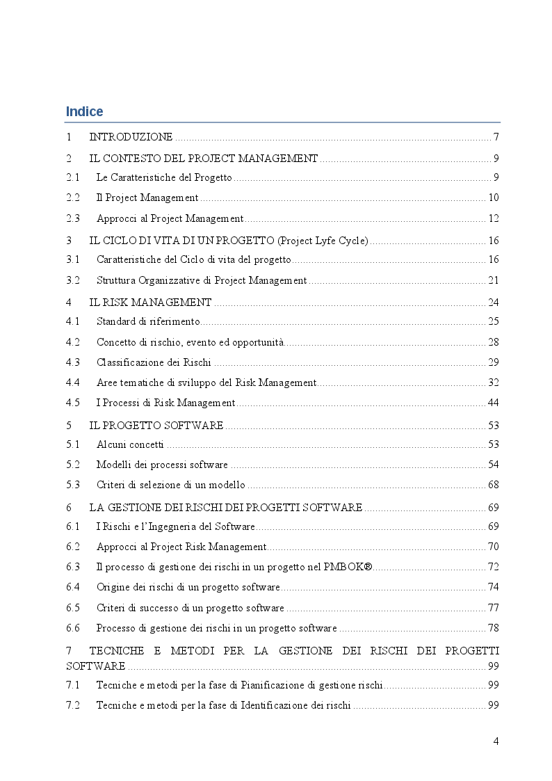 Indice della tesi: Risk Management: Un'analisi del processo di gestione dei rischi dei progetti software, Pagina 1