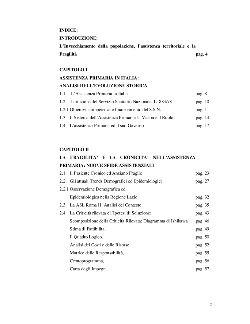 Indice della tesi: La continuità assistenziale nei pazienti cronici e anziani fragili: ipotesi di un modello organizzativo di un presidio territoriale di prossimità, Pagina 1