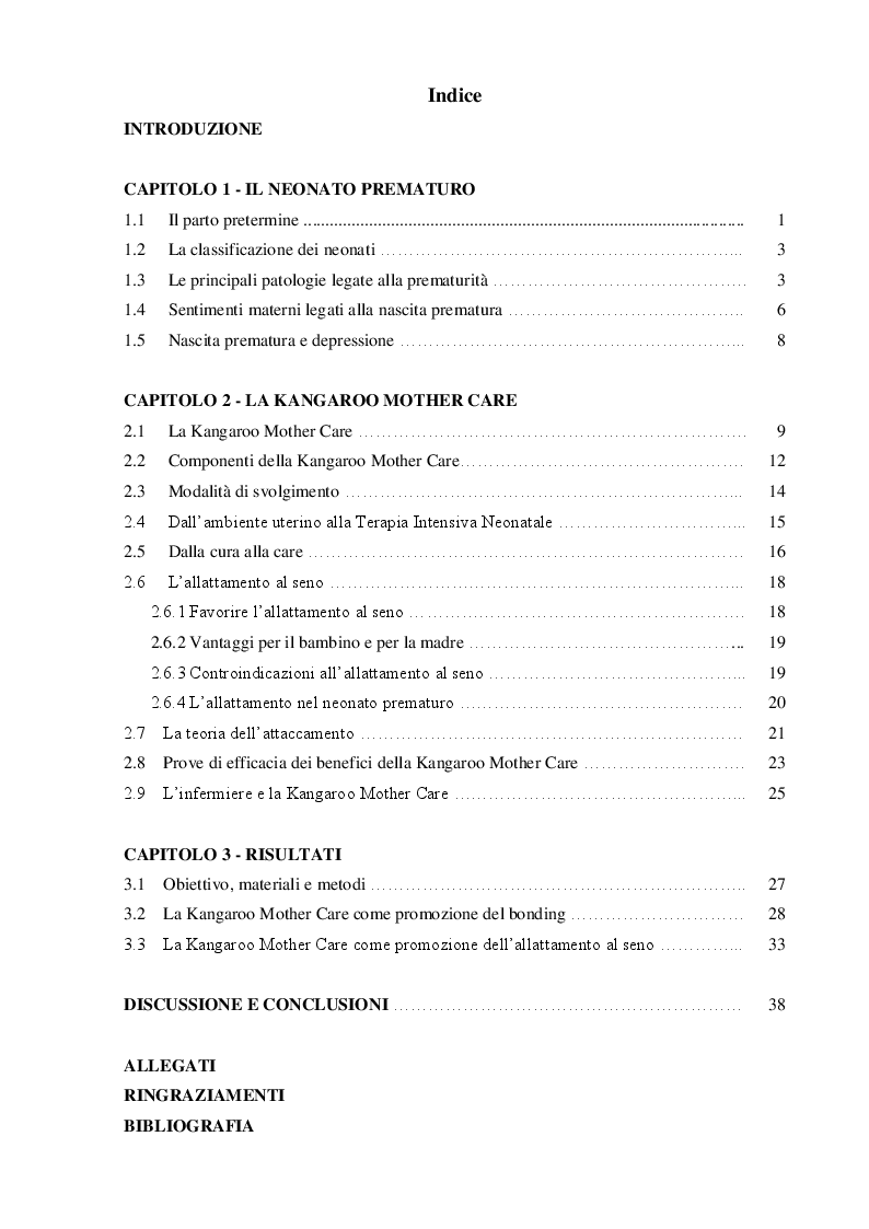 Indice della tesi: Dalla cura alla care... La marsupio terapia per i neonati prematuri. Revisione della letteratura., Pagina 1
