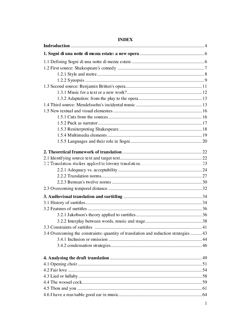 Indice della tesi: Sogni di una notte di mezza estate: an experiment with surtitles, Pagina 1