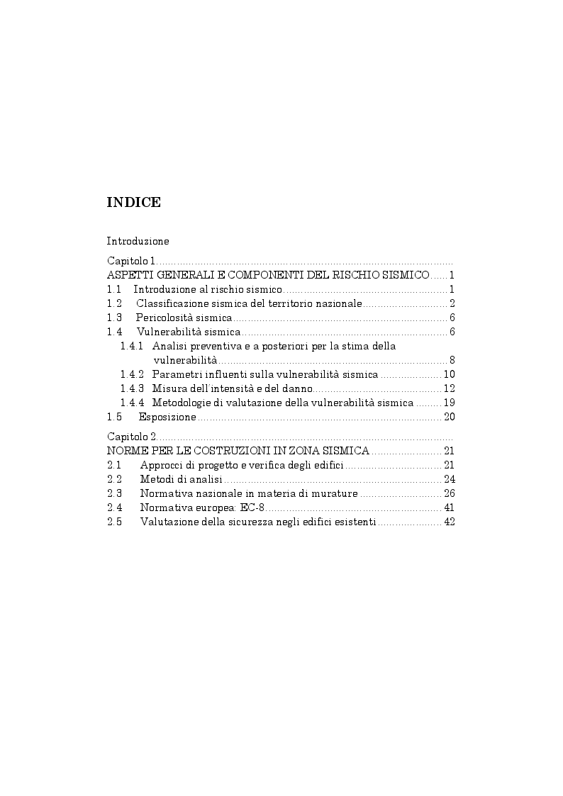 Indice della tesi: Stima della vulnerabilità sismica di edifici in struttura mista muratura-calcestruzzo armato, Pagina 1