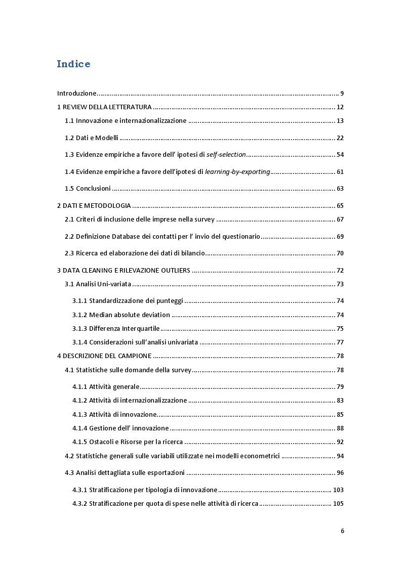 Indice della tesi: Innovazione e internazionalizzazione. Uno studio empirico sulla relazione causale che le lega nel tessuto imprenditoriale della provincia di Torino, Pagina 1