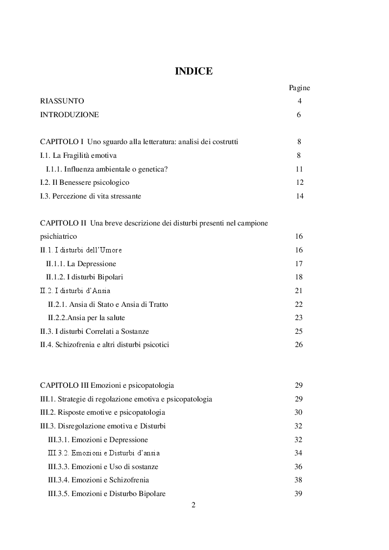 Indice della tesi: Fragilità emotiva e disagio psicologico: confronto tra popolazione psichiatrica e soggetti sani, Pagina 1