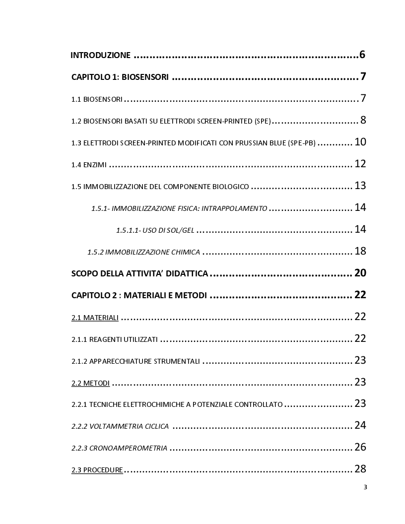 Indice della tesi: Studio di Biosensori Elettrochimici basati su immobilizzazione enzimatica in SOL/GEL, Pagina 1