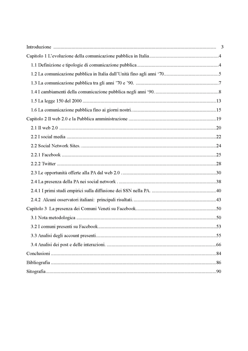 Indice della tesi: La comunicazione pubblica ai tempi del web 2.0. L'uso di Facebook nei comuni del Veneto, Pagina 1