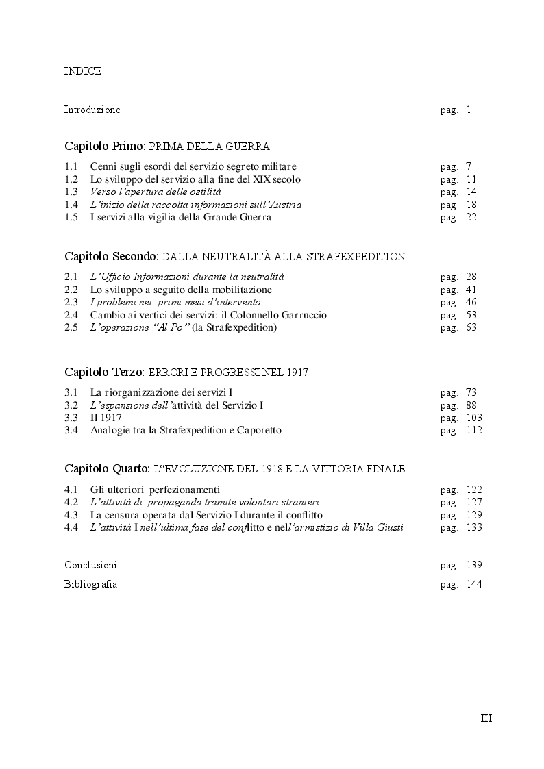 Indice della tesi: Raccolta, analisi e impiego delle informazioni da parte del Comando Supremo durante la Grande Guerra, Pagina 1