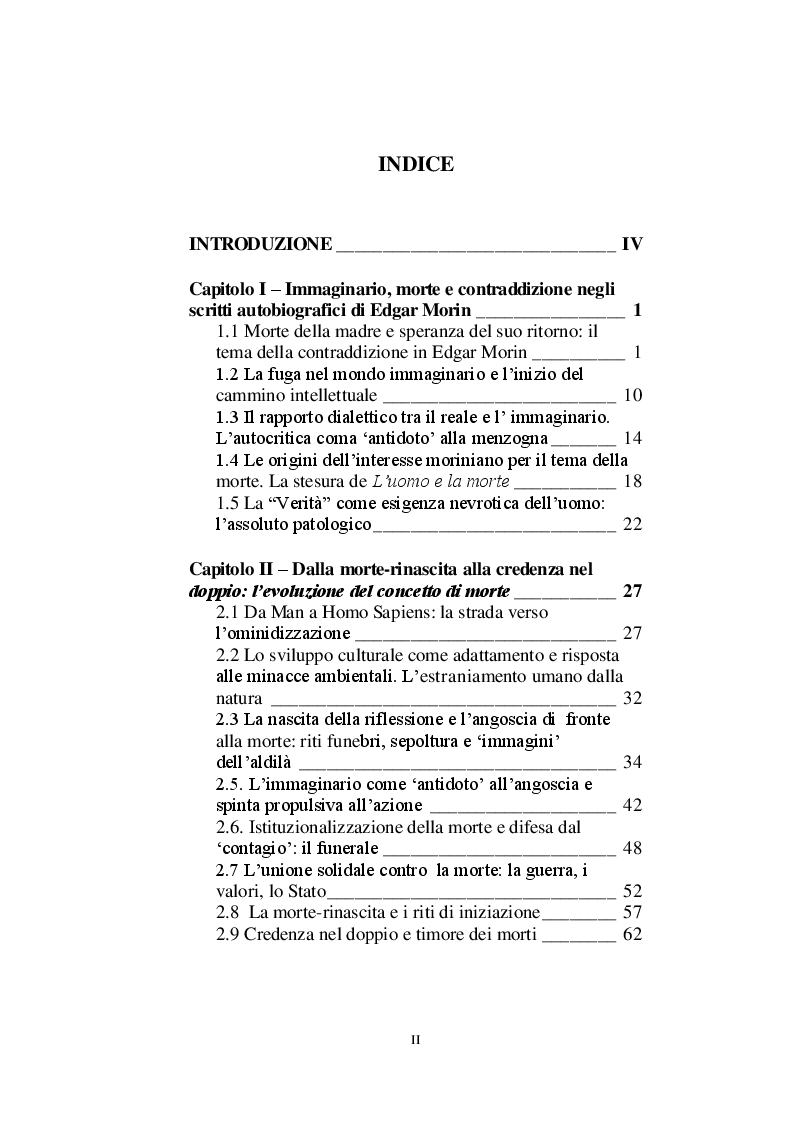 Indice della tesi: Morte e immaginario nel pensiero di Edgar Morin, Pagina 1
