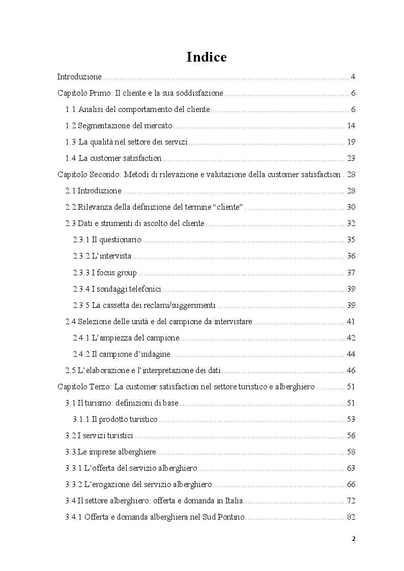 Indice della tesi: La Customer Satisfaction nel settore turistico alberghiero - Il caso del Kora Park Resort, Pagina 1